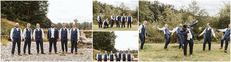 Collage of four outdoor photos showing six men in vests and ties posing and having fun together on a grassy and rocky area with trees in the background set in scenic snohomish Snohomish wedding photography