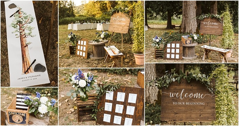 A rustic outdoor wedding setup in snohomish featuring wooden signs a welcome board reading welcome to our beginning white and blue floral arrangements a seating chart and nature inspired decorations under trees Snohomish wedding photography
