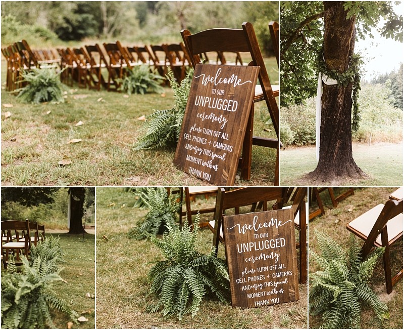 Collage of an outdoor wedding ceremony setup in snohomish with wooden chairs green ferns and a wooden sign reading welcome to our unplugged ceremony Please turn off all cell phones & cameras Enjoy this special moment with us Thank you  Snohomish wedding photography