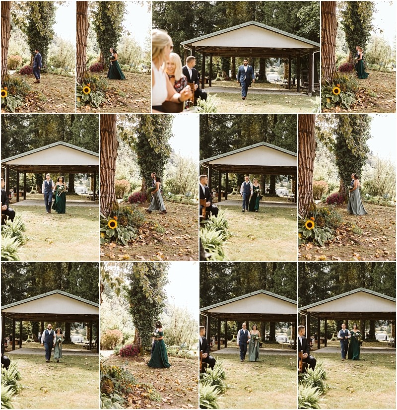 A collage of wedding ceremony photos in snohomish shows different people walking down an outdoor aisle near a pavilion surrounded by trees and greenery Some wear formal attire and one person holds sunflowers Snohomish wedding photography