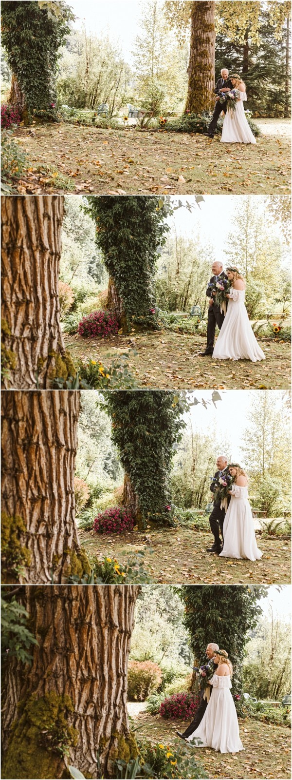 Four photos show a bride in a white gown walking outdoors with an older man through a lush snohomish garden They laugh hold hands and embrace under tall trees surrounded by greenery and flowers Snohomish wedding photography