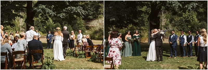 Two side by side photos of a snohomish outdoor wedding ceremony Guests are seated on wooden chairs a bride in a white dress walks down the aisle with an escort and hugs an older man at the altar with the wedding party standing nearby Snohomish wedding photography