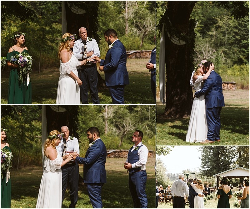 Outdoor wedding ceremony collage in snohomish a bride and groom exchange vows and rings under a tree watched by an officiant and bridesmaid ending with a kiss Guests are seated nearby beneath the shade of trees Snohomish wedding photography