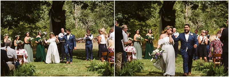 Two photos side by side show a bride and groom walking arm in arm down an outdoor aisle in snohomish smiling joyfully with wedding guests and bridesmaids standing and watching in the background Snohomish wedding photography