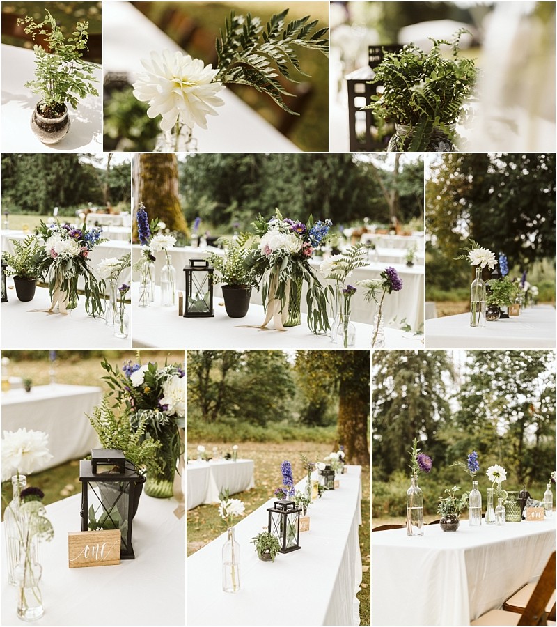 Collage of outdoor wedding table decor in snohomish featuring white tablecloths various flower arrangements in vases greenery and black lanterns set against a natural wooded background Snohomish wedding photography