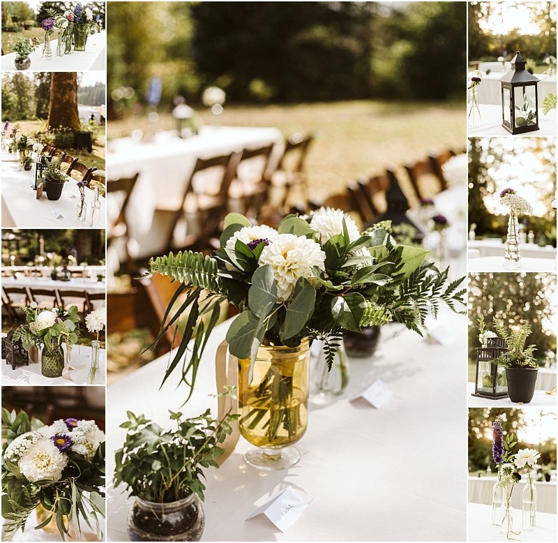 Collage of outdoor wedding table decor in snohomish featuring white flowers greenery in glass jars and vases small potted plants and black lanterns on a long table set in a sunny natural setting Snohomish wedding photography