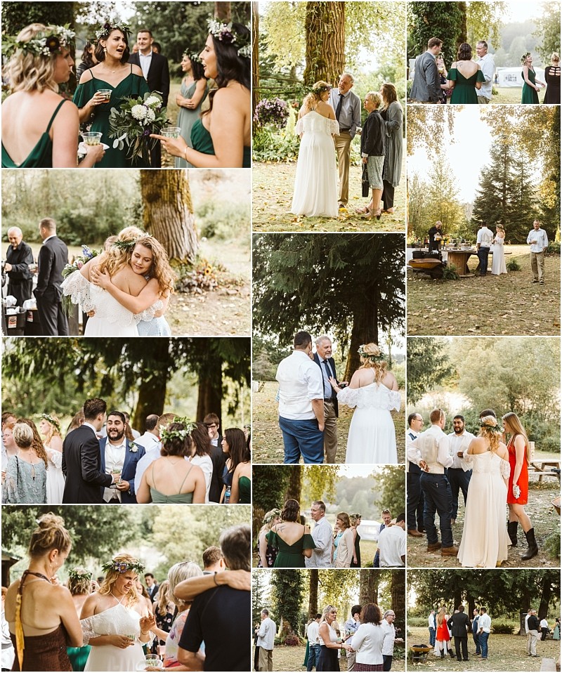A collage of outdoor wedding photos in snohomish shows guests mingling a bride in a flower crown hugging loved ones conversations laughing and celebrations among trees in a rustic natural setting on a sunny day Snohomish wedding photography