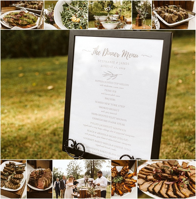 A collage shows a framed dinner menu outdoors in snohomish surrounded by close up photos of plated meats salads and side dishes with a serving setup and people in the background at a rustic outdoor event Snohomish wedding photography