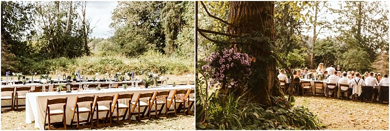 Two outdoor photos in snohomish show long dining tables with white tablecloths and wooden chairs set in a wooded area One photo shows empty tables the other captures guests dining near a flower adorned tree Snohomish wedding photography