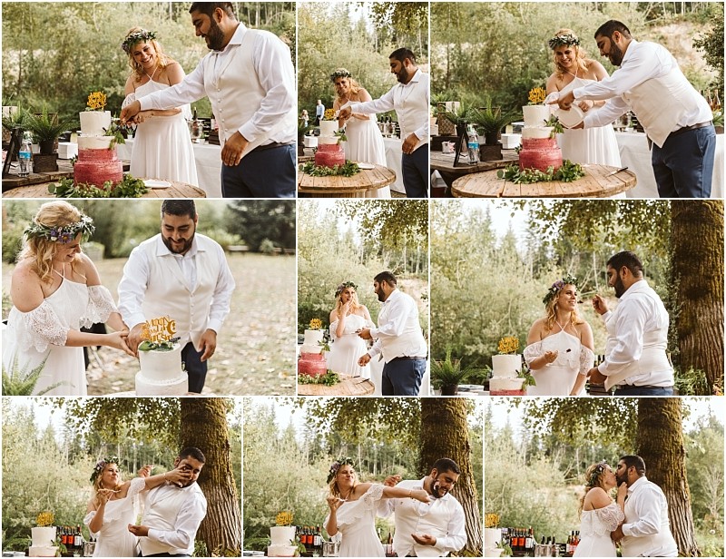 A bride and groom cut their wedding cake outdoors in snohomish feeding each other and laughing playfully in a series of joyful moments surrounded by lush greenery and trees Snohomish wedding photography