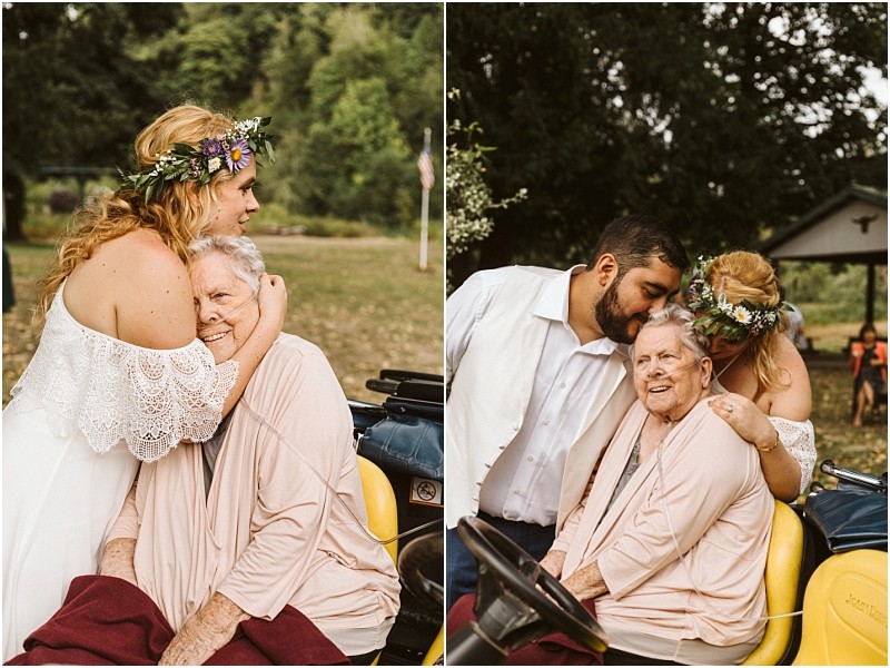 A bride in a white dress and flower crown lovingly hugs an elderly woman seated in a yellow cart in snohomish In a second photo a man joins them and both bride and man embrace the smiling elderly woman outdoors Snohomish wedding photography