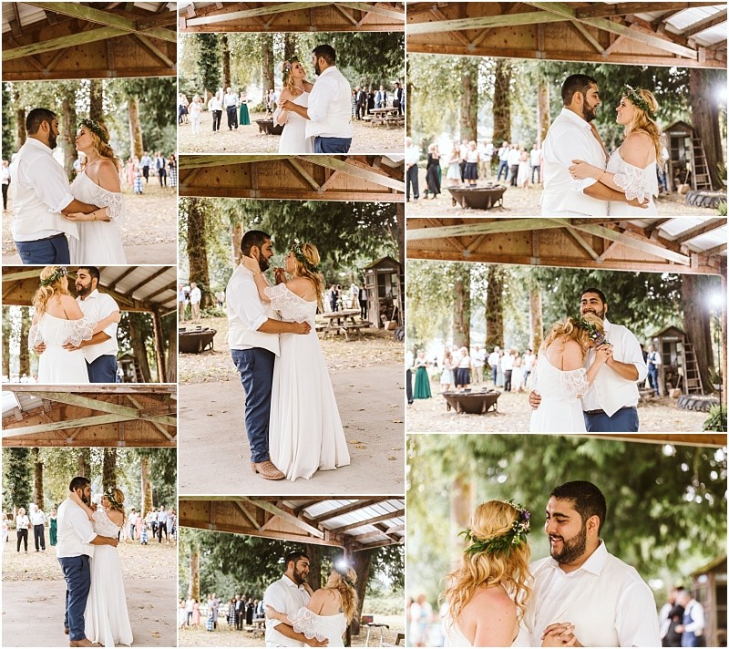 A collage of wedding photos shows a bride and groom dancing outdoors under a wooden pavilion in snohomish surrounded by trees and guests watching in the background The couple smiles and embraces in various moments throughout their first dance Snohomish wedding photography