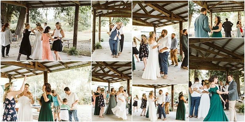 A collage of outdoor wedding reception photos in snohomish shows guests dancing and celebrating under a wooden pavilion with trees and sunlight in the background Some wear formal attire including dresses and suits while others are in casual clothes Snohomish wedding photography