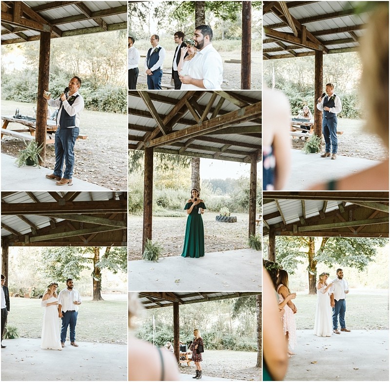A collage of wedding ceremony photos under a rustic wooden pavilion in snohomish featuring people giving speeches a woman in a green dress singing and a couple standing together in wedding attire Lush trees and greenery fill the background Snohomish wedding photography