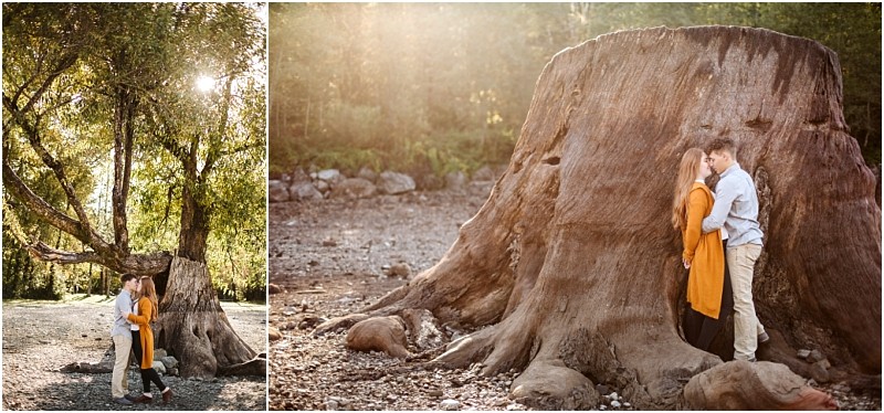 Premier snohomish & seattle wedding photographer | gsquared weddings photography a couple stands close together outdoors on the left they embrace beneath a large tree while on the right they lean against a massive tree stump in soft sunlight during their snohomish seattle wedding engagement | serving snohomish seattle & beyond Premier snohomish & seattle wedding photographer | gsquared weddings photography a couple stands close together outdoors on the left they embrace beneath a large tree while on the right they lean against a massive tree stump in soft sunlight during their snohomish seattle wedding engagement | serving snohomish seattle & beyond