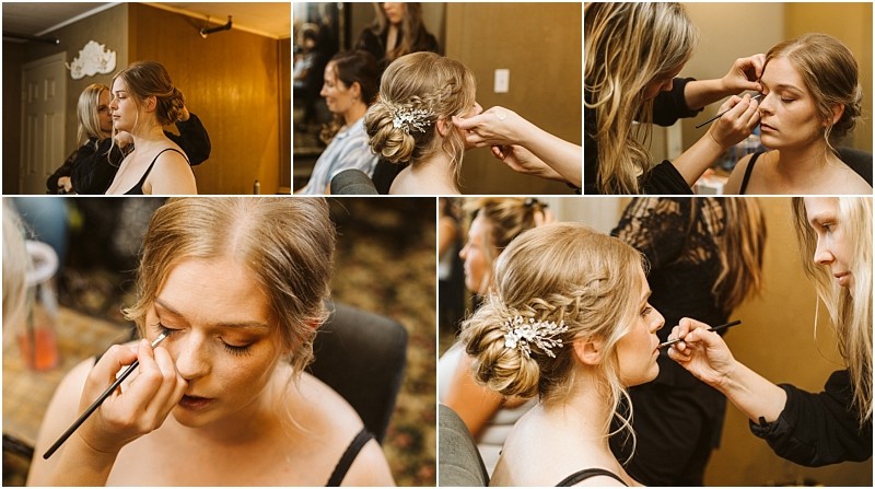 Premier snohomish & seattle wedding photographer | gsquared weddings photography a collage of five photos shows a woman getting her makeup done by a makeup artist for her snohomish wedding including close ups of eye makeup and shots of her styled hair with a floral hairpiece perfect for a seattle engagement look | serving snohomish seattle                   & beyond