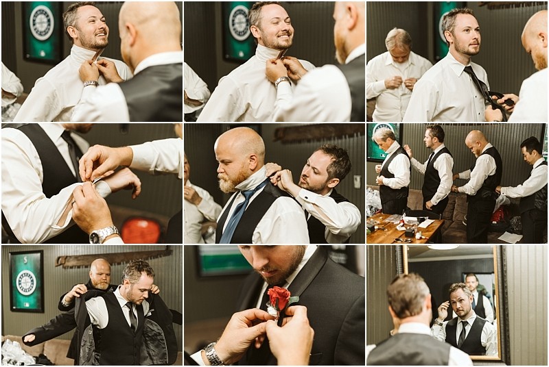 Premier snohomish & seattle wedding photographer | gsquared weddings photography a collage of men in suits getting ready for a snohomish seattle wedding adjusting ties buttoning shirts and helping each other with boutonnieres in a warmly lit room | serving snohomish seattle                   & beyond