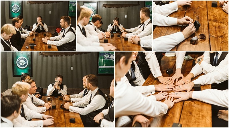 Premier snohomish & seattle wedding photographer | gsquared weddings photography a collage of men in formal wear sitting around a wooden table laughing talking and stacking their hands together in unity A sports logo and a snohomish seattle wedding engagement sign are visible on the wall behind them | serving snohomish seattle                   & beyond