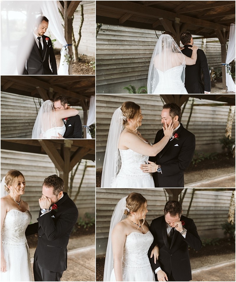 Premier snohomish & seattle wedding photographer | gsquared weddings photography a bride and groom share an emotional first look before their snohomish wedding embracing laughing and shedding happy tears together under a wooden shelter outdoors | serving snohomish seattle                   & beyond