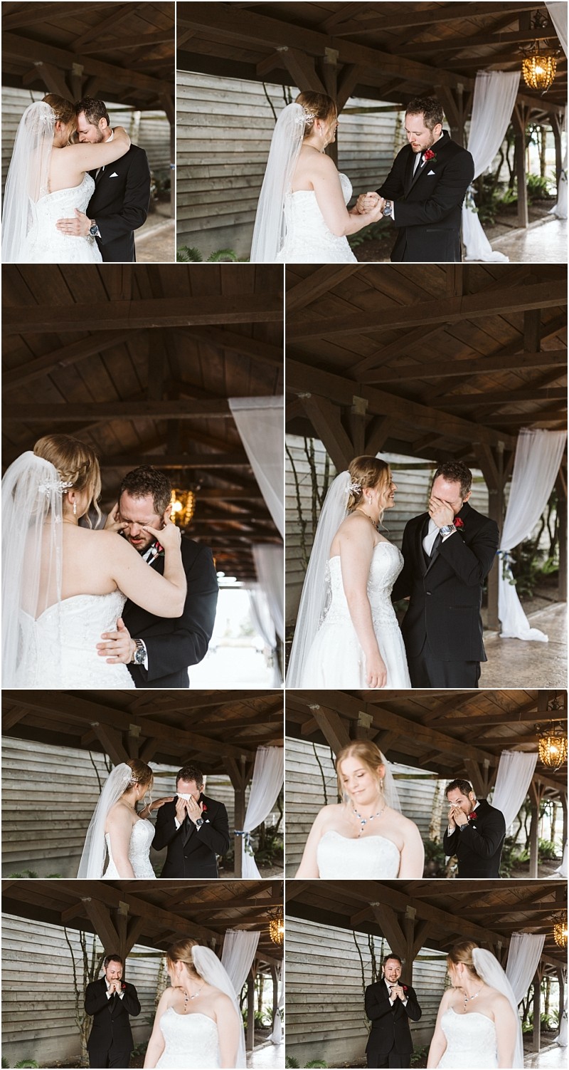 Premier snohomish & seattle wedding photographer | gsquared weddings photography a bride and groom stand under a wooden pavilion in snohomish having an emotional first look before their seattle wedding Both appear tearful and joyful hugging holding hands and wiping their eyes as they see each other | serving snohomish seattle                   & beyond