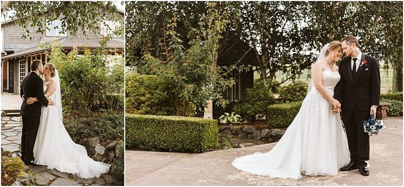 Premier snohomish & seattle wedding photographer | gsquared weddings photography two wedding photos show a bride in a white gown and groom in a black suit outdoors near snohomish surrounded by greenery In both images the couple shares an intimate joyful moment near a rustic buildinga perfect seattle wedding engagement setting | serving snohomish seattle                   & beyond