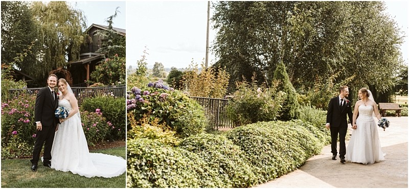 Premier snohomish & seattle wedding photographer | gsquared weddings photography a bride and groom in wedding attire stand together in a garden near snohomish smiling and walk hand in hand along a path lined with greenery and flowers capturing the charm of a seattle wedding engagement | serving snohomish seattle                   & beyond