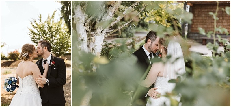 Premier snohomish & seattle wedding photographer | gsquared weddings photography a snohomish bride and groom in wedding attire share an intimate moment outdoors surrounded by greenery One photo shows them kissing the other captures them embracing under a tree partially obscured by leaves | serving snohomish seattle                   & beyond