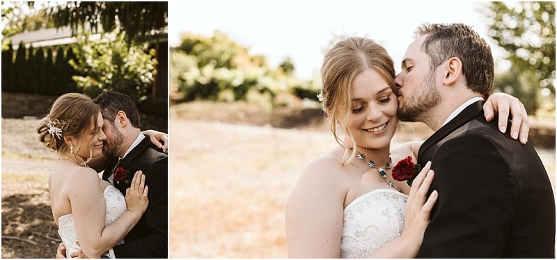 Premier snohomish & seattle wedding photographer | gsquared weddings photography a bride and groom embrace outdoors at their snohomish seattle wedding The groom in a black suit gently kisses the brides cheek while she smiles holding him close in her strapless white dress with a decorative pin in her hair | serving snohomish seattle                   & beyond