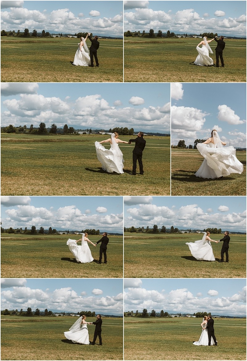 Premier snohomish & seattle wedding photographer | gsquared weddings photography a bride and groom dance and twirl together in an open grassy field under a partly cloudy sky enjoying a joyful snohomish wedding moment on their special day | serving snohomish seattle                   & beyond