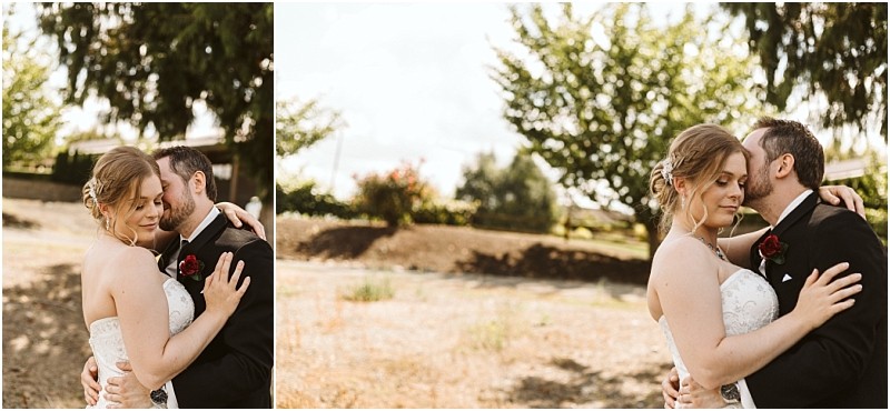Premier snohomish & seattle wedding photographer | gsquared weddings photography a bride and groom embrace outdoors on a sunny day during their snohomish wedding standing close together with eyes closed The bride wears a strapless white dress the groom a black suit with trees and shrubs in the background | serving snohomish seattle                   & beyond