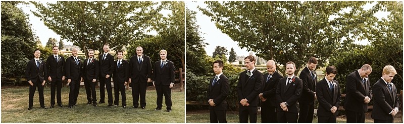 Premier snohomish & seattle wedding photographer | gsquared weddings photography a group of men in black suits and ties stand outside on grass in front of leafy trees some smiling and some looking down posing for snohomish seattle wedding or engagement photos | serving snohomish seattle                   & beyond