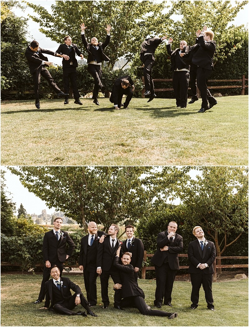 Premier snohomish & seattle wedding photographer | gsquared weddings photography two photos from a snohomish seattle wedding eight men in black suits outdoors In the top image they strike playful jumping poses in the bottom they pose more formally some standing or kneeling all smiling | serving snohomish seattle                   & beyond