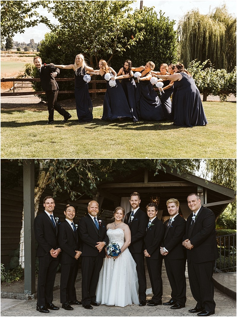 Premier snohomish & seattle wedding photographer | gsquared weddings photography two snohomish wedding photos topbridesmaids in navy dresses humorously pull the bride from the groom on a lawn Bottomthe bride poses with groomsmen in black suits all smiling under a shaded patio at this seattle engagement | serving snohomish seattle                   & beyond