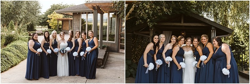 Premier snohomish & seattle wedding photographer | gsquared weddings photography two photos of a bride in a white dress with seven bridesmaids in navy blue dresses all holding white bouquets outside near lush greenery and a wooden building at a snohomish seattle wedding | serving snohomish seattle                   & beyond