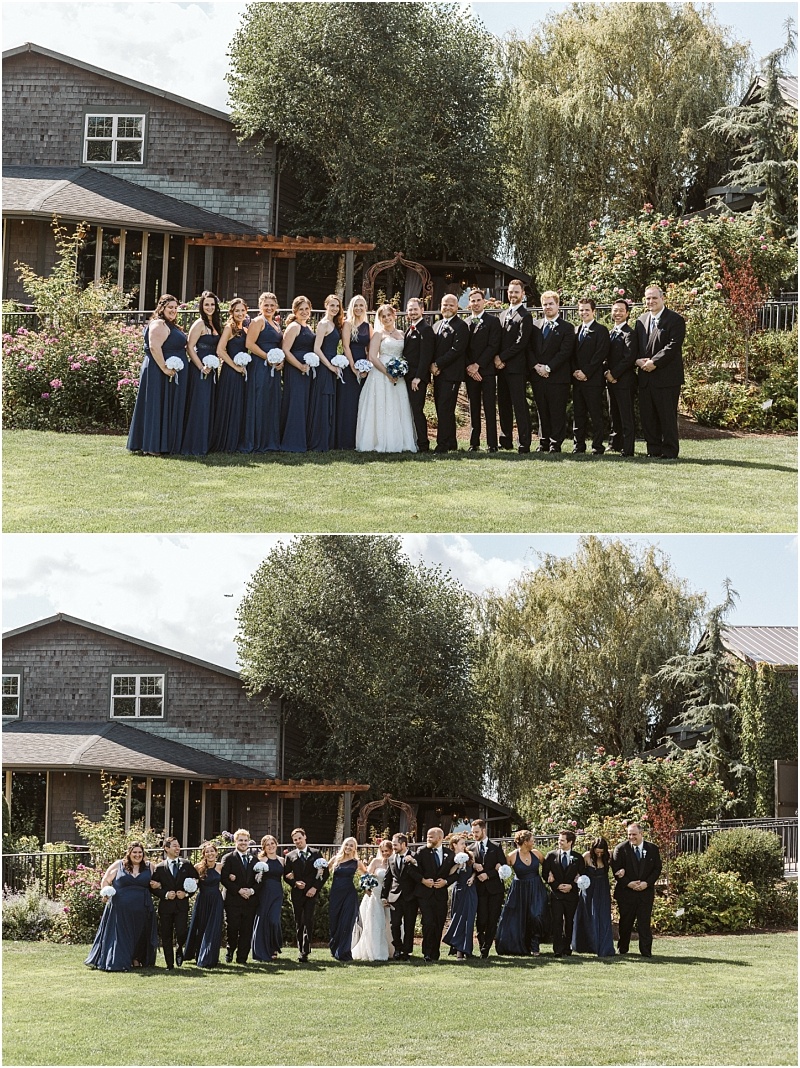 Premier snohomish & seattle wedding photographer | gsquared weddings photography two photos stacked vertically capture a joyful snohomish wedding party outdoors The bride groom bridesmaids in navy dresses and groomsmen in black suits pose and laugh together in front of a charming house and garden | serving snohomish seattle                   & beyond