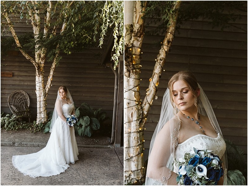 Premier snohomish & seattle wedding photographer | gsquared weddings photography a bride in a white gown with a long train and veil stands outdoors by birch trees wrapped in string lights holding a blue and white bouquet and looking serene at her snohomish seattle wedding | serving snohomish seattle                   & beyond