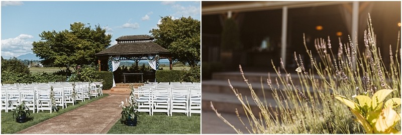 Premier snohomish & seattle wedding photographer | gsquared weddings photography an outdoor snohomish wedding setup with rows of white chairs facing a gazebo surrounded by greenery On the right a close up of lavender flowers and steps leading to a building in the background | serving snohomish seattle                   & beyond