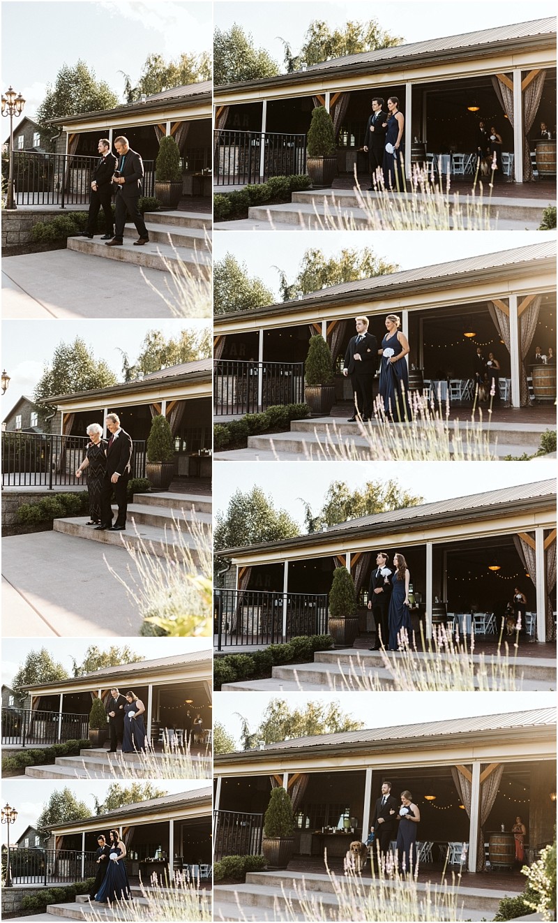 Premier snohomish & seattle wedding photographer | gsquared weddings photography a collage of photos shows different pairs in formal attire walking down steps outside a rustic building likely during a sunny snohomish wedding procession near seattle | serving snohomish seattle                   & beyond