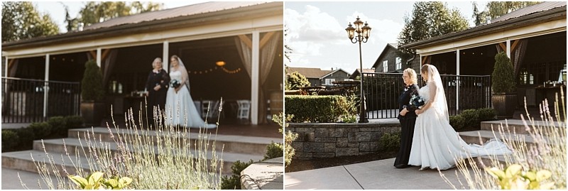 Premier snohomish & seattle wedding photographer | gsquared weddings photography a bride in a white gown and veil walks arm in arm with an older woman outside a rustic snohomish venue surrounded by greenery and sunlight on her wedding day | serving snohomish seattle                   & beyond