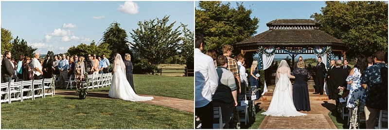 Premier snohomish & seattle wedding photographer | gsquared weddings photography two side by side photos of a snohomish wedding ceremony show a bride in a white gown walking down an outdoor aisle lined with guests leading to a wooden gazebo decorated with white drapes under a sunny sky | serving snohomish seattle                   & beyond