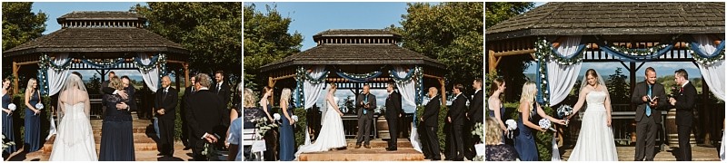 Premier snohomish & seattle wedding photographer | gsquared weddings photography a collage of three outdoor wedding ceremony photos in snohomish near seattle shows a bride groom and wedding party standing before a decorated wooden gazebo under a blue sky with greenery surrounding the scene | serving snohomish seattle                   & beyond