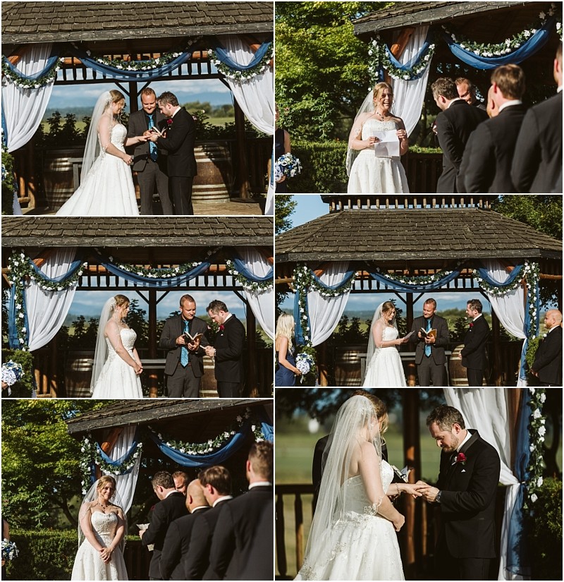 Premier snohomish & seattle wedding photographer | gsquared weddings photography a collage of six outdoor snohomish wedding ceremony photos shows a bride and groom exchanging vows and rings under a wooden gazebo decorated with blue and white draping and flowers with a celebrant and groomsmen standing nearby | serving snohomish seattle                   & beyond