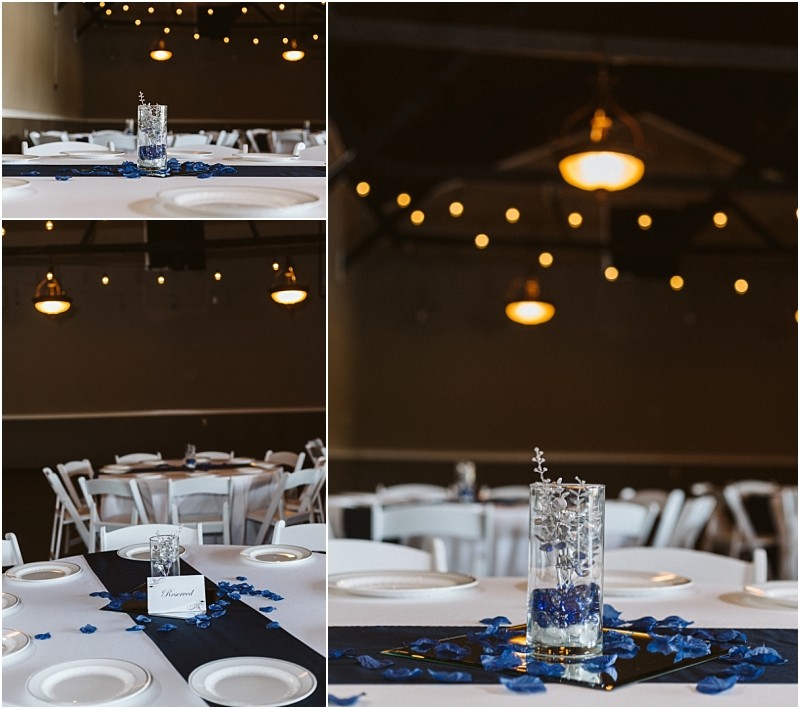 Premier snohomish & seattle wedding photographer | gsquared weddings photography three views of an elegant snohomish seattle wedding table setup with a navy runner white plates and a glass vase centerpiece with blue stones and floating flowers Warm string lights and hanging lamps illuminate the space | serving snohomish seattle                   & beyond