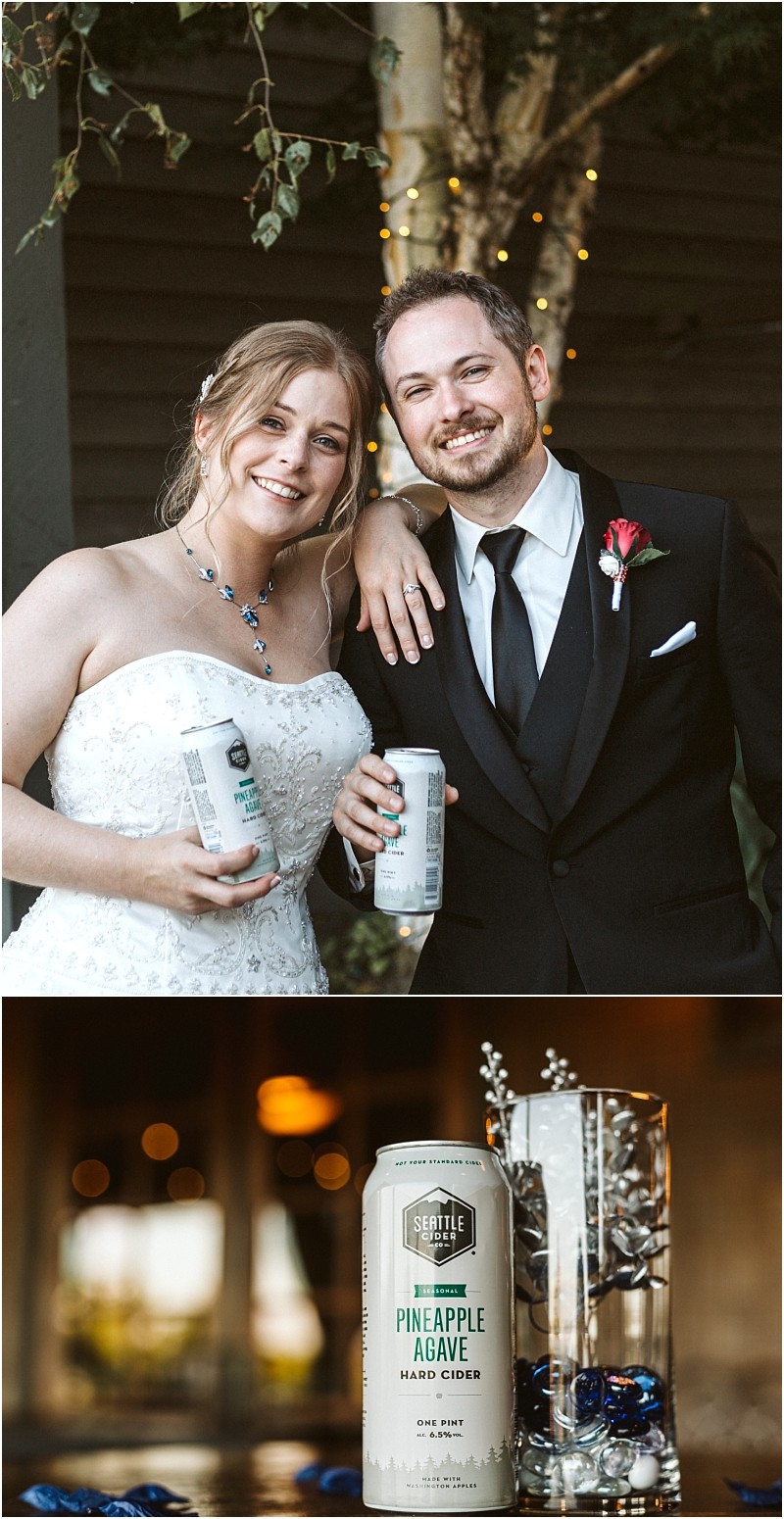 Premier snohomish & seattle wedding photographer | gsquared weddings photography a smiling bride and groom in wedding attire hold cans of pineapple agave hard cider at their snohomish seattle wedding below a close up of the same cider can sits next to a glass vase with decorative branches | serving snohomish seattle                   & beyond