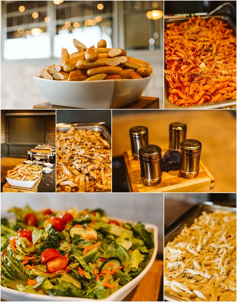 Premier snohomish & seattle wedding photographer | gsquared weddings photography a collage of buffet food items including breadsticks pasta dishes seasoned fries and a green salad with tomatoesperfect for a snohomish or seattle wedding engagementdisplayed in a warm well lit setting | serving snohomish seattle                   & beyond