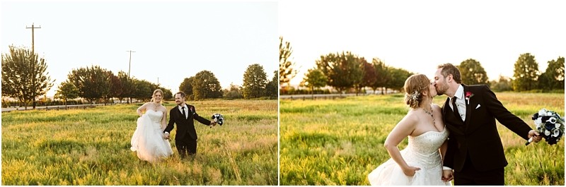 Premier snohomish & seattle wedding photographer | gsquared weddings photography two side by side photos of a snohomish seattle wedding in one the bride and groom run joyfully holding hands in a grassy field at sunset in the other they share a kiss while the bride holds a bouquet | serving snohomish seattle                   & beyond