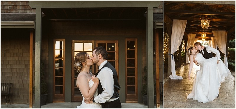 Premier snohomish & seattle wedding photographer | gsquared weddings photography two wedding photos on the left a bride and groom kiss in front of a wooden building at their snohomish wedding On the right the groom dips the bride for a kiss under a chandelier and draped fabric | serving snohomish seattle                   & beyond