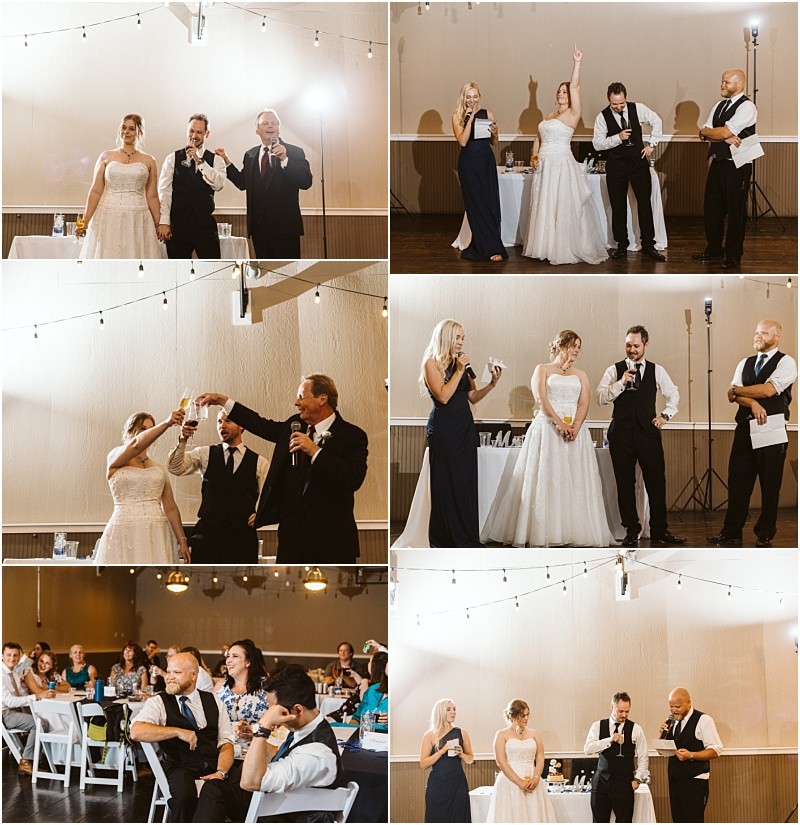 Premier snohomish & seattle wedding photographer | gsquared weddings photography a collage of six snohomish wedding reception photos shows a bride and groom giving toasts laughing with guests and clinking glasses with family and friends at decorated tables under string lights | serving snohomish seattle                   & beyond