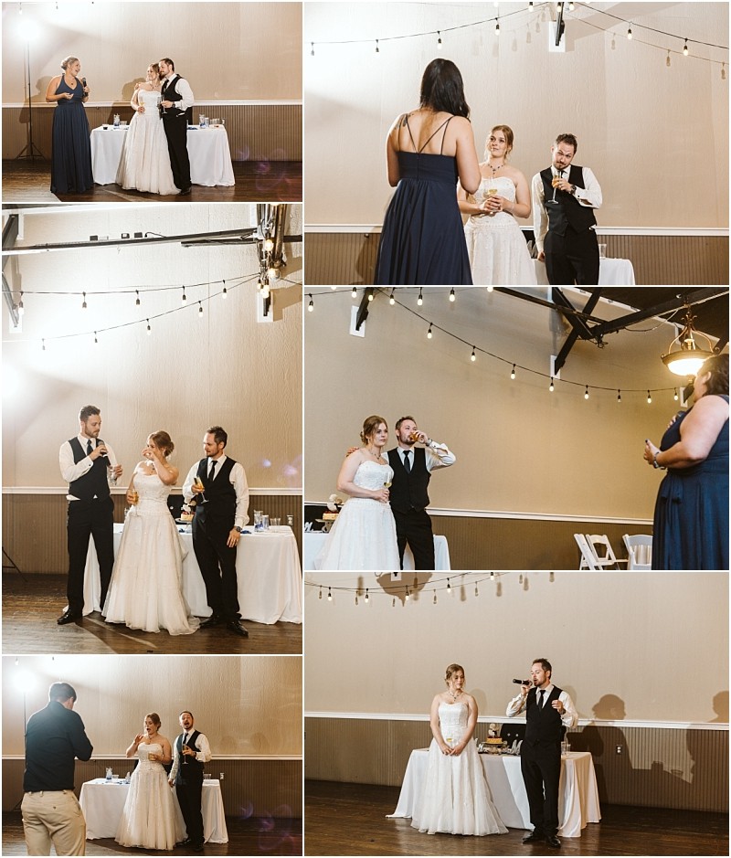 Premier snohomish & seattle wedding photographer | gsquared weddings photography a collage of six photos shows a snohomish bride and groom in wedding attire giving and receiving toasts with guests in a decorated indoor venue with string lights Some guests hold microphones and glasses smiling and speaking | serving snohomish seattle                   & beyond