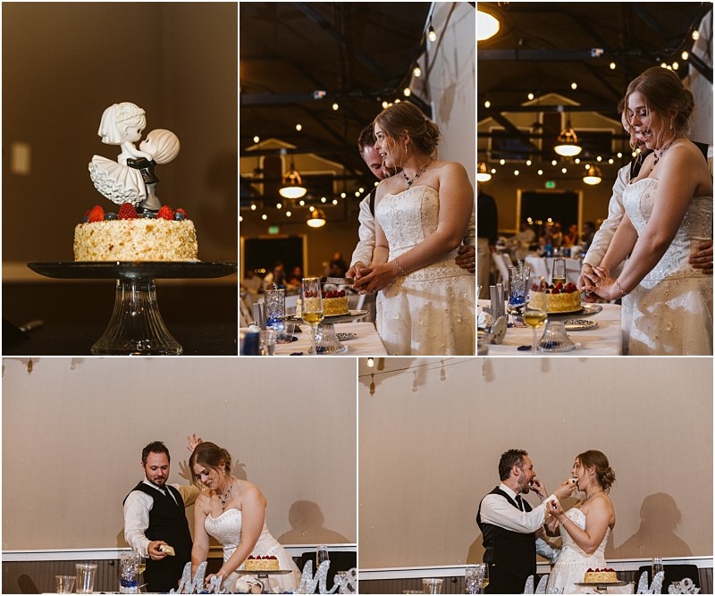 Premier snohomish & seattle wedding photographer | gsquared weddings photography a bride and groom cut and share a wedding cake smiling and laughing together at their snohomish seattle wedding The cake features a topper of a couple kissing red berries and is set in a warmly lit reception hall | serving snohomish seattle                   & beyond